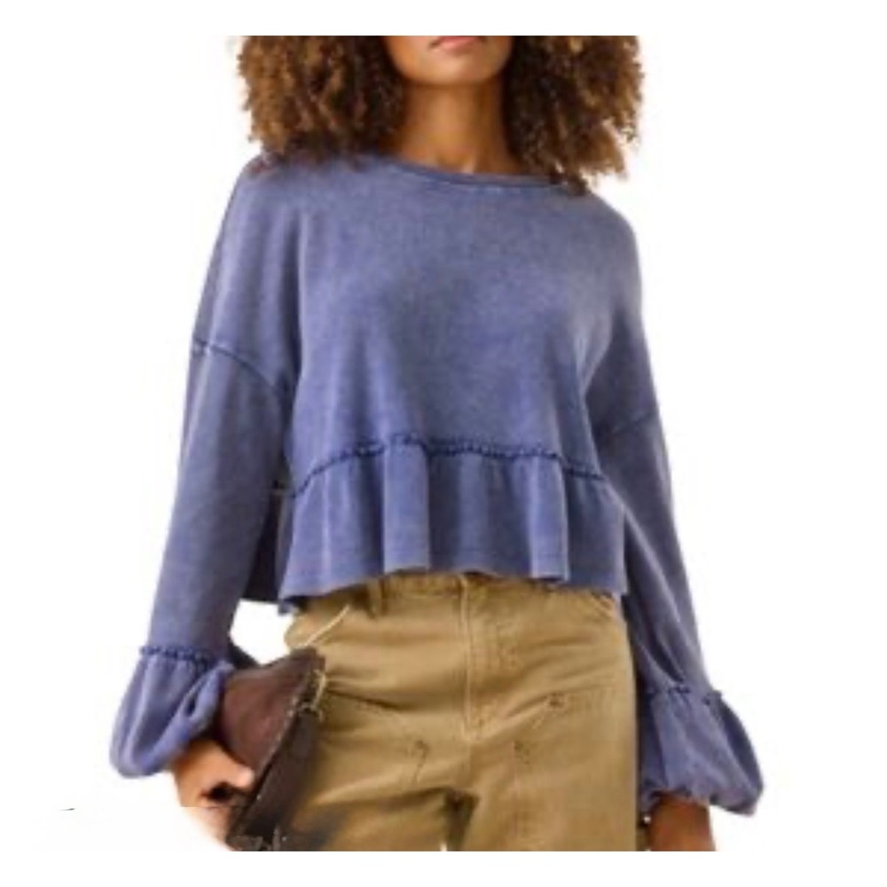 NWT Altar'd State Cropped Mineral Wash Indigo Ribbed Peplum Top S Cottagecore